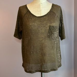 Forever 21 olive brown sheer burnout raglan elbow sleeve one pocket tee